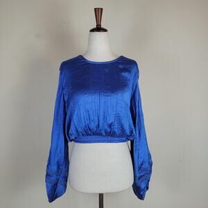 House Of Harlow 1960 Blouse Small Blue Satin Backless Crop Balloon Sleeve Boho